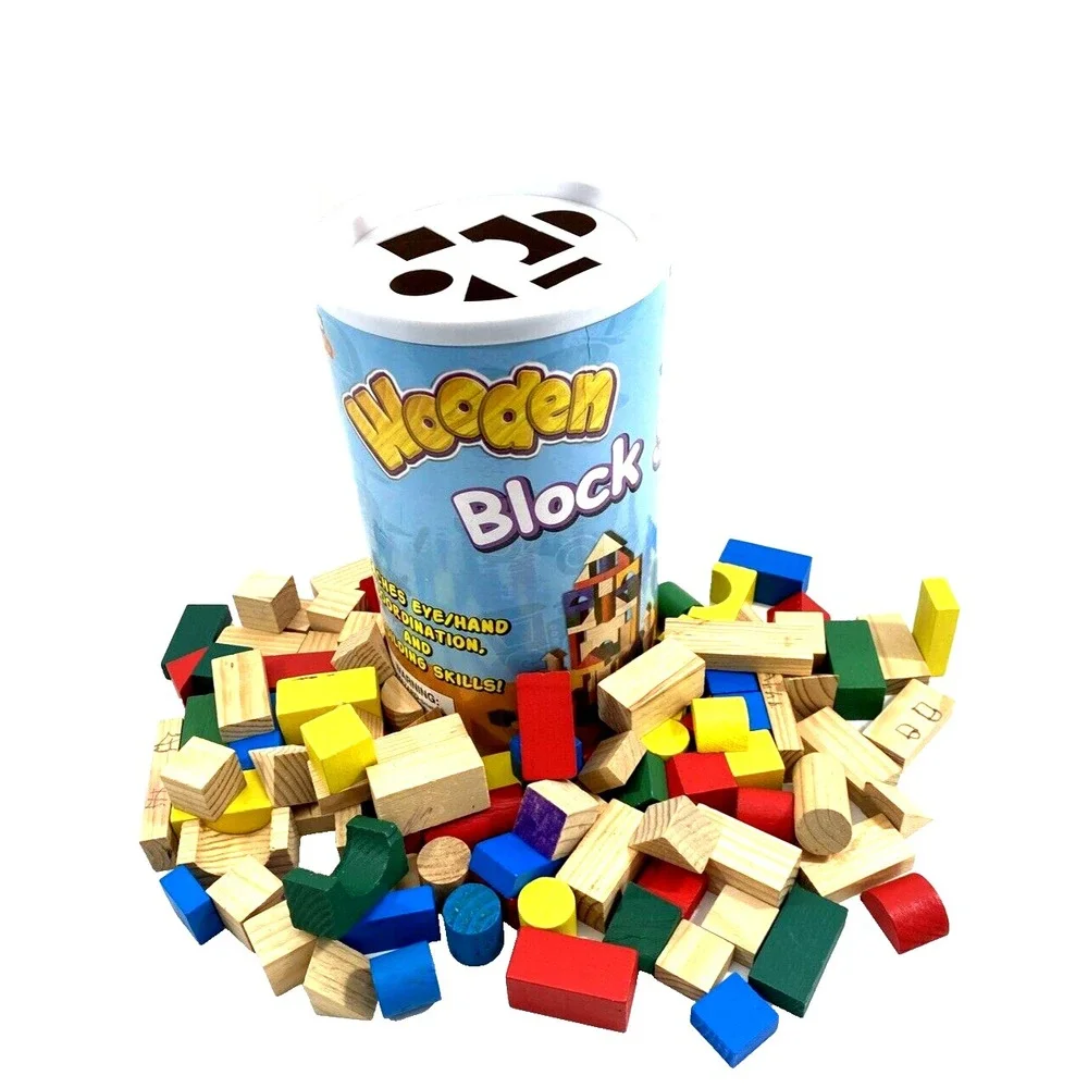Wooden Building Blocks Set of 100 Various Colors and Shapes and Storage Canister